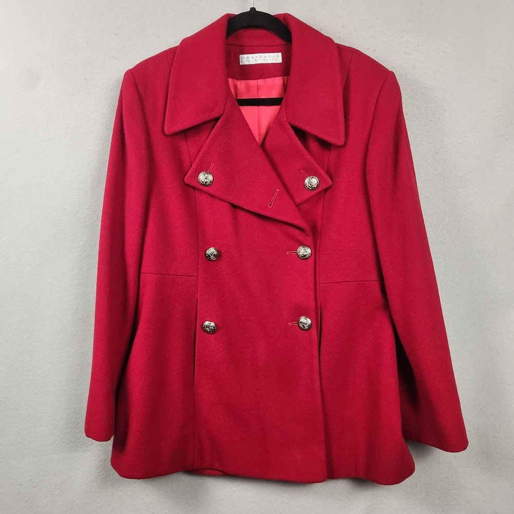 Perry Ellis Portfolio Peacoat‎ Womens 10 Red Double Breasted Merino Wool Saks